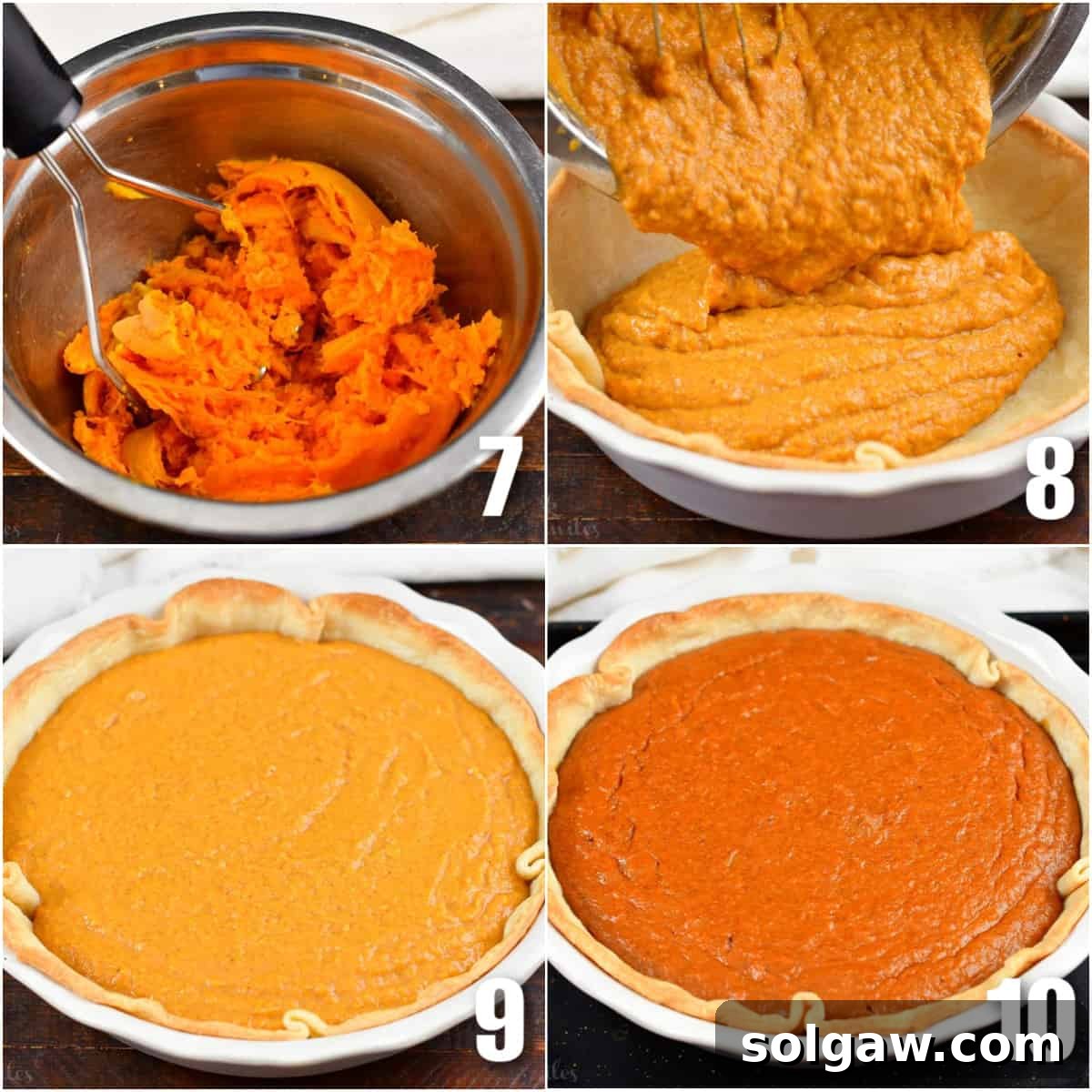 A three-panel image collage showing the process of making sweet potato pie: mixing the filling, pouring into the crust, and the finished baked pie.