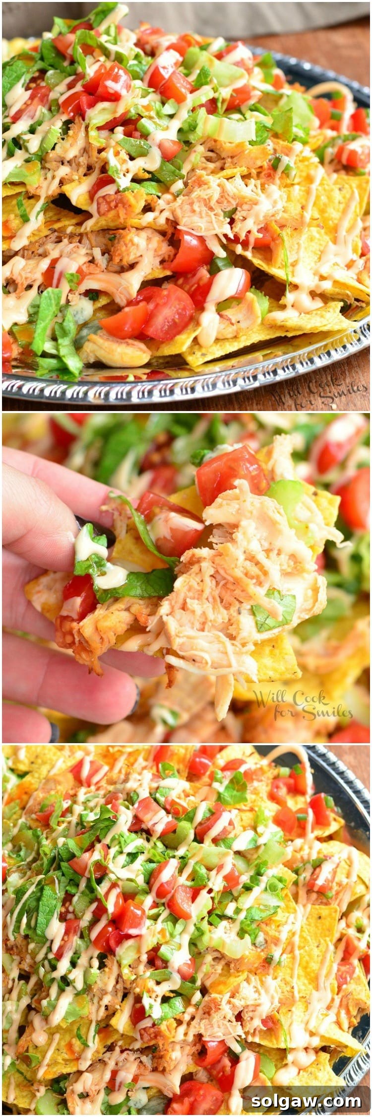 A collage of three photos showcasing Buffalo Chicken Nachos: top, a full platter; middle, a hand holding a single nacho; bottom, a top-down view of the platter
