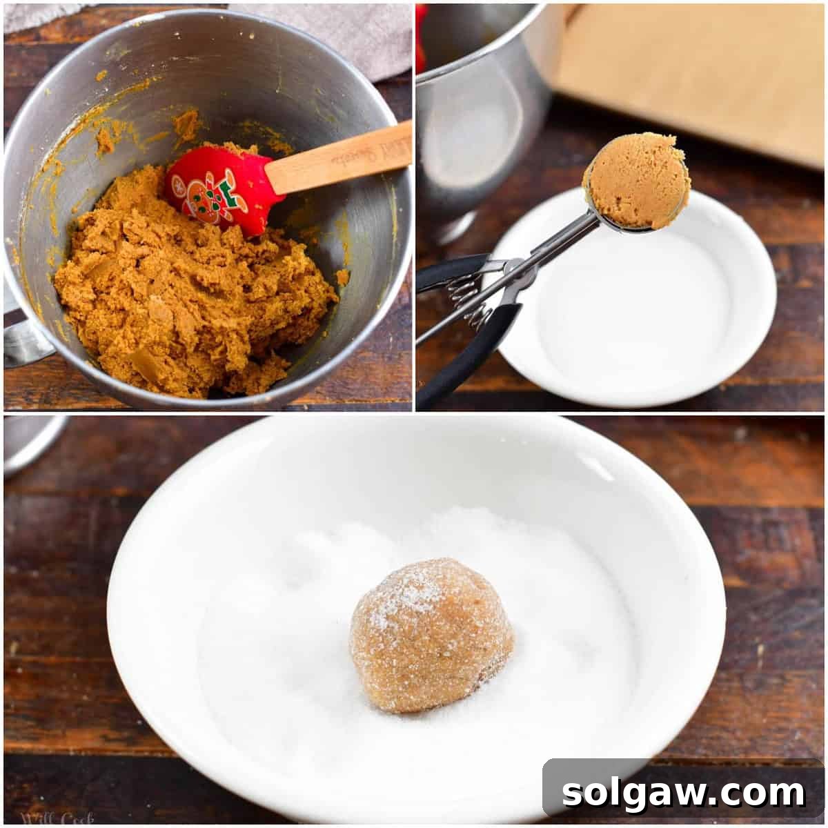 collage of three images of gingerbread cookie dough, scooping and rolling in sugar.