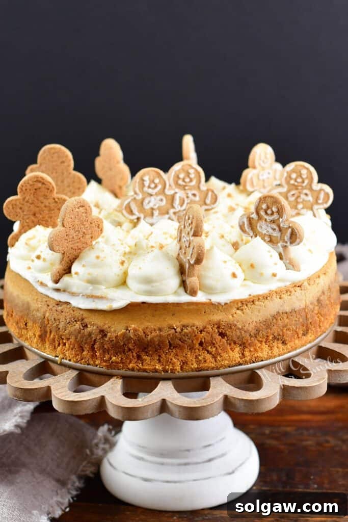 A stunning side view of a gingerbread cheesecake, elegantly presented on a cake stand, adorned with maple whipped cream cheese frosting and gingerbread cookies, ready to be served during the holidays.