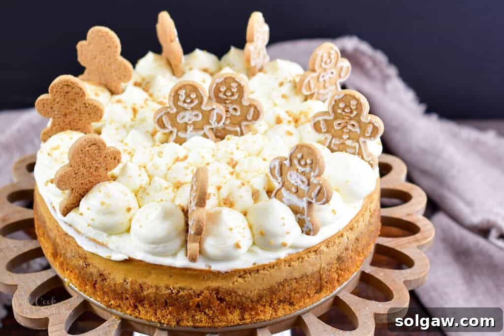 A fully frosted and decorated gingerbread cheesecake on a cake stand, surrounded by whole gingerbread cookies, creating a festive holiday centerpiece.