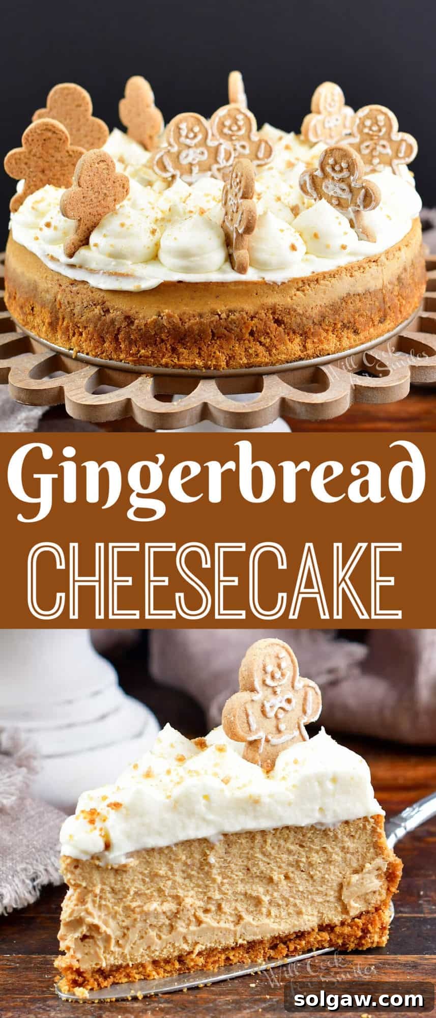 A collage of two beautiful closeup images of Gingerbread Cheesecake, with the title overlayed, perfect for sharing and social media.