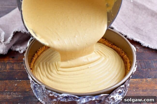 Velvety gingerbread cheesecake filling being poured into the prepared spiced graham cracker crust in a springform pan, ready for baking.