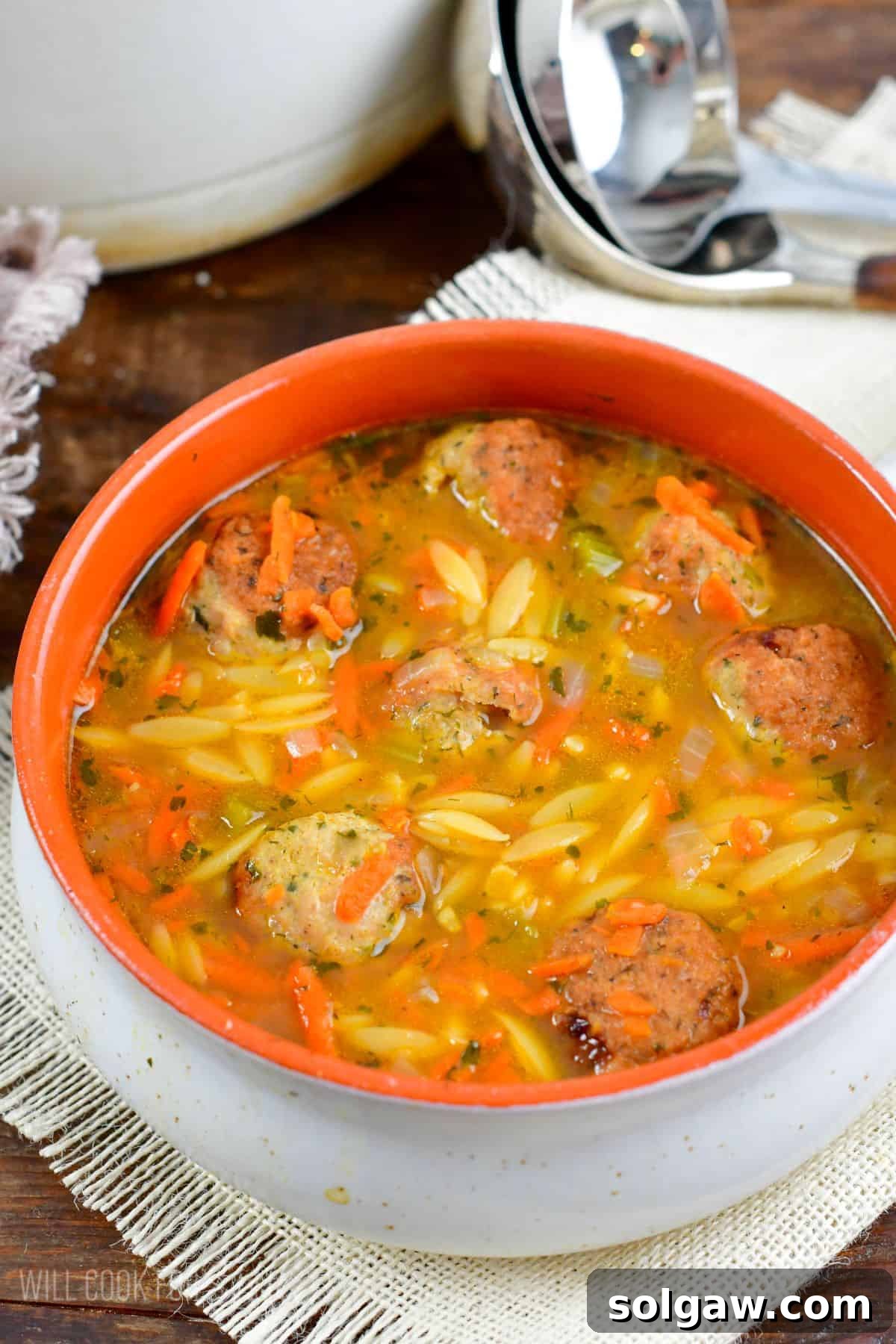 A steaming bowl of homemade Chicken Meatball and Orzo Soup, garnished with fresh parsley.