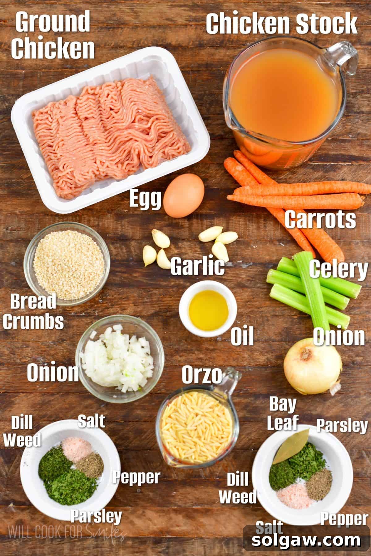 A collection of fresh ingredients laid out, including ground chicken, eggs, breadcrumbs, fresh herbs, and vegetables, for making chicken meatballs and orzo soup.