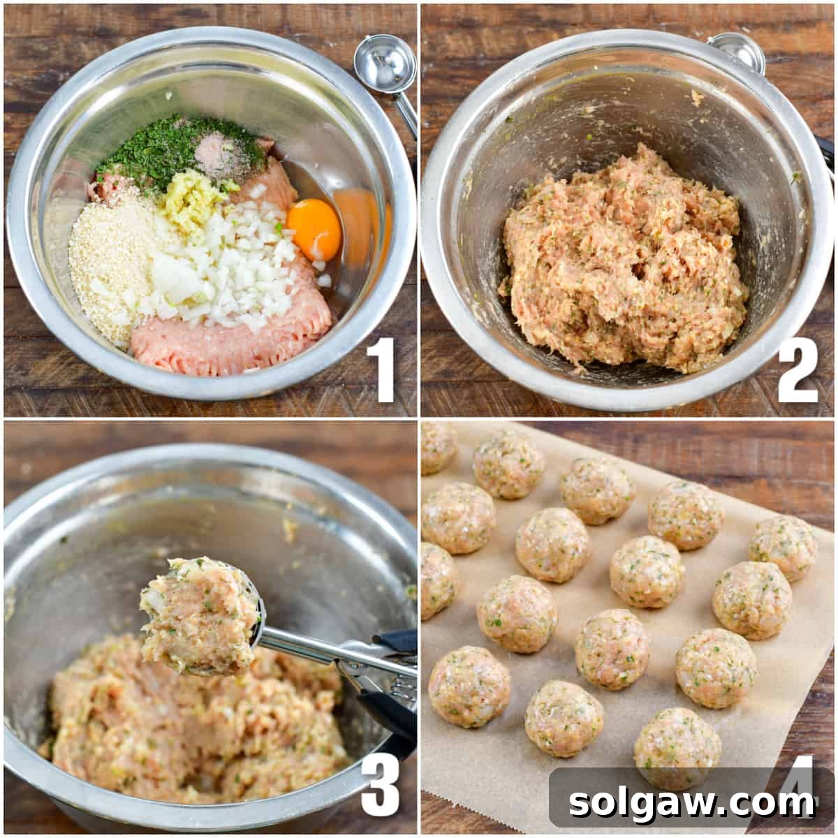 A four-image collage demonstrating the steps to prepare chicken meatballs: combining ingredients, mixing, scooping uniform meatballs, and arranging them on parchment paper.