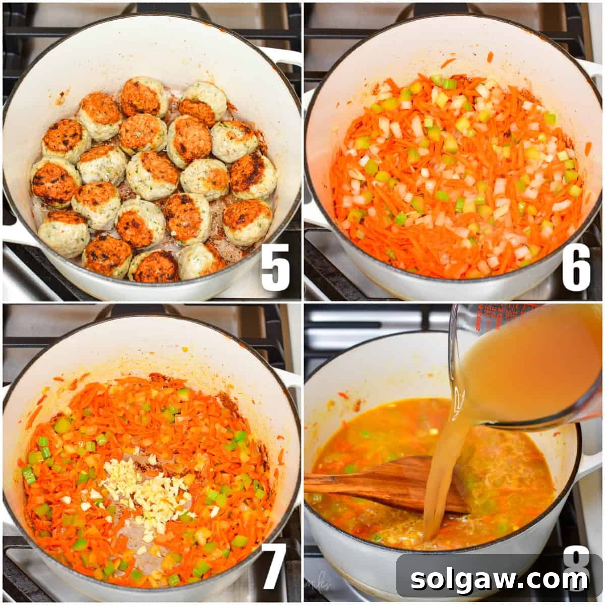 A four-image collage showing the cooking process: searing chicken meatballs in a Dutch oven, sautéing mirepoix vegetables, adding garlic, and finally pouring in chicken stock to deglaze the pot.