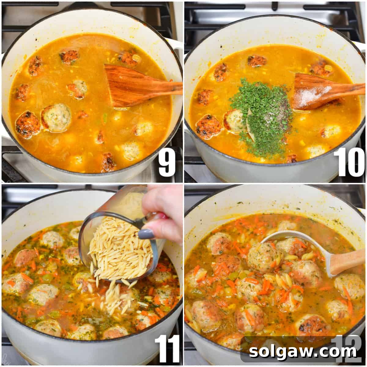 A four-image collage illustrating the final steps of cooking chicken meatball orzo soup: adding meatballs back, seasoning and simmering with a bay leaf, adding orzo and fresh herbs, and the finished soup in the pot.