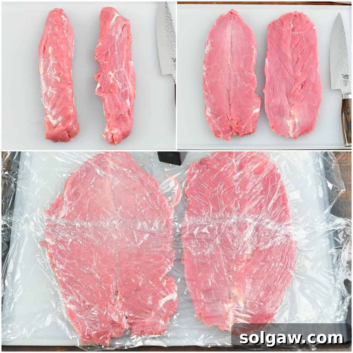 collage of three images showing how to butterfly and tenderize pork.