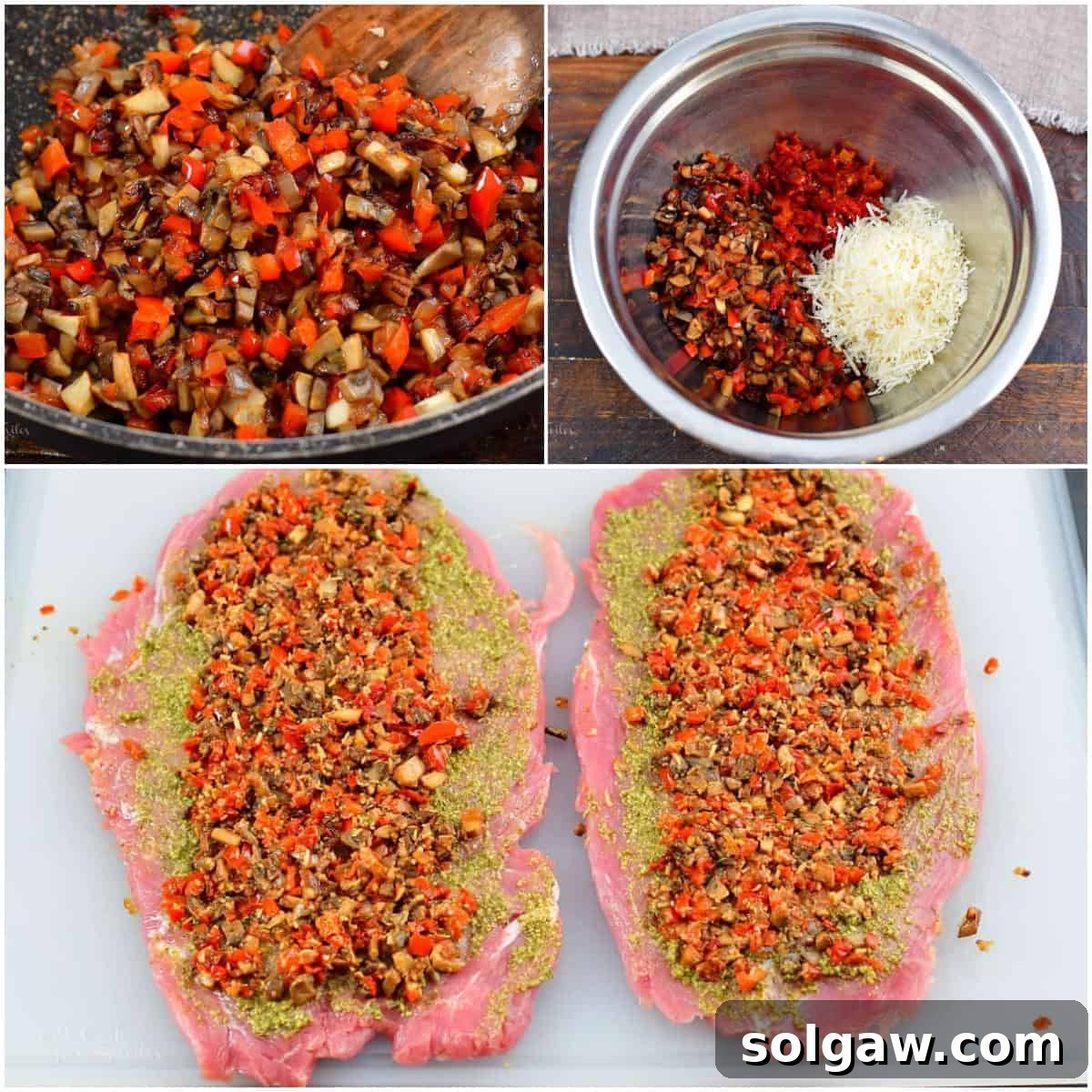collage of three images of making pork stuffing and stuffing the pork tenderloin.
