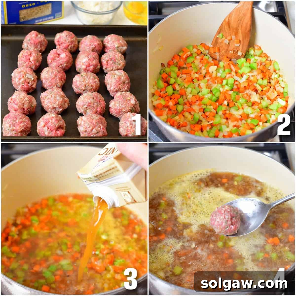 A four-panel collage showing the process of making Italian Wedding Soup: mixing meatballs, sautéing vegetables for the soffritto, adding broth, and cooking meatballs in the simmering liquid.