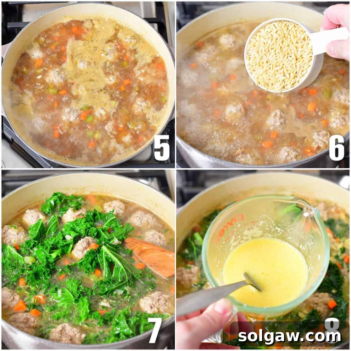 A four-panel collage illustrating the final steps of making Italian Wedding Soup: cooking meatballs with orzo, adding chopped kale, and slowly incorporating the egg and Parmesan mixture.