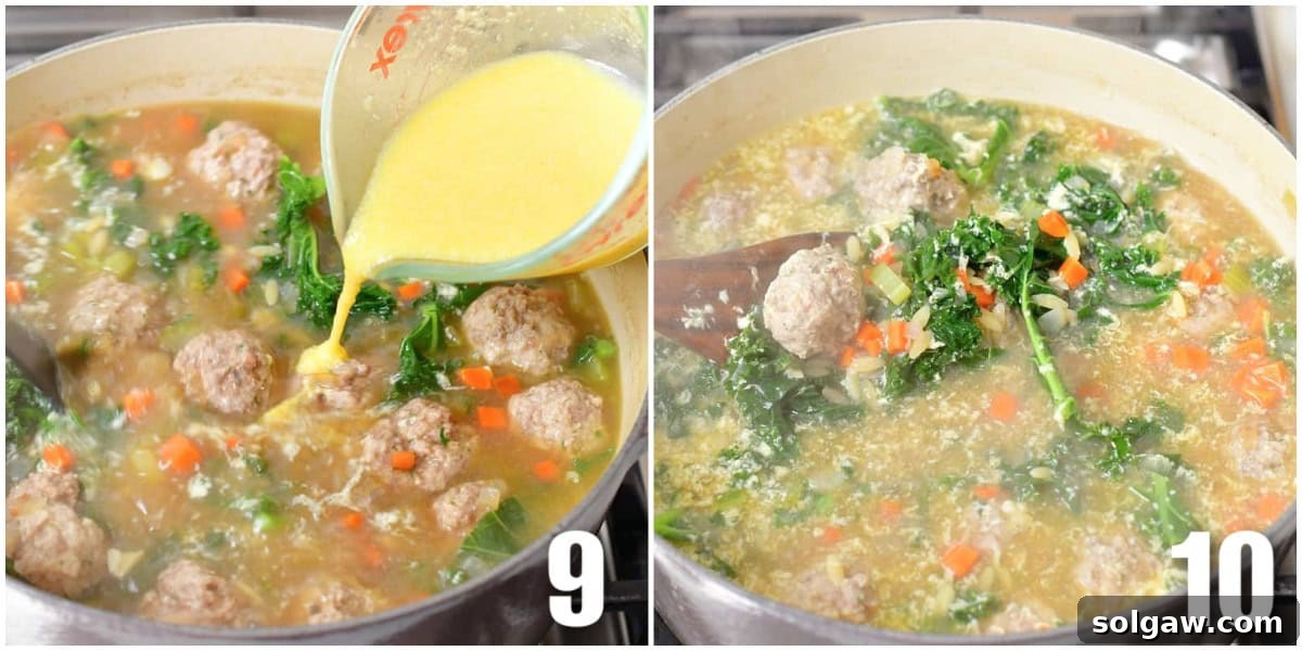 A two-panel collage showing the completed Italian Wedding Soup, with the egg strands visible, and a close-up of a serving bowl ready to enjoy.