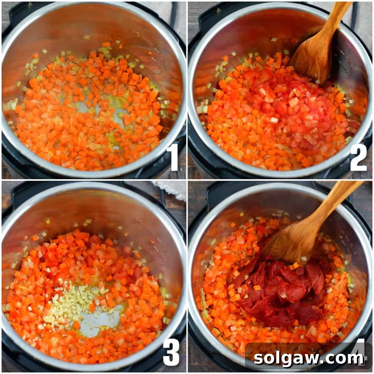 A collage showing the process of cooking vegetables in an Instant Pot, then adding tomato paste to create the base for spaghetti sauce.