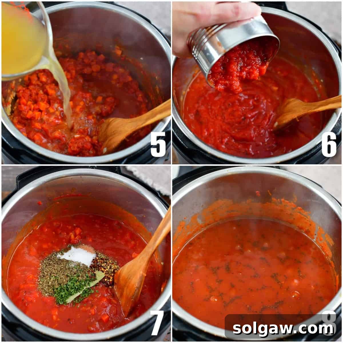 Adding chicken stock, fire-roasted crushed tomatoes, and various seasonings to the Instant Pot for spaghetti sauce.