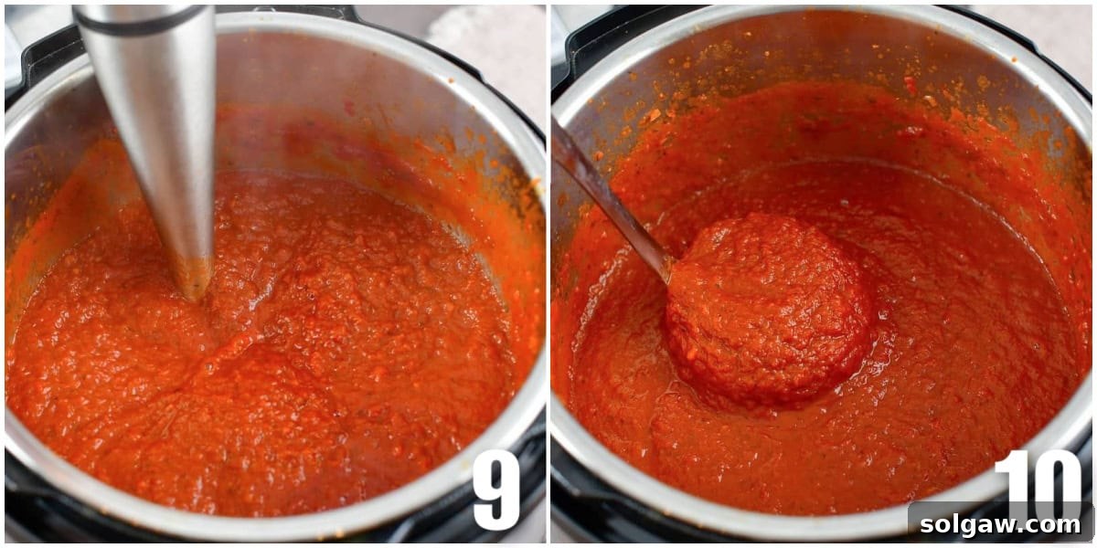 A collage showing the process of blending Instant Pot spaghetti sauce with an immersion blender and then scooping it into a bowl.