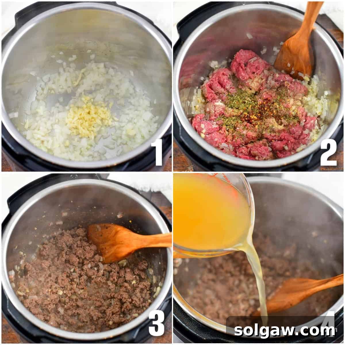 A four-panel collage showing the cooking process: sautéing onions and garlic, browning ground beef with seasoning, and adding chicken stock in an Instant Pot.