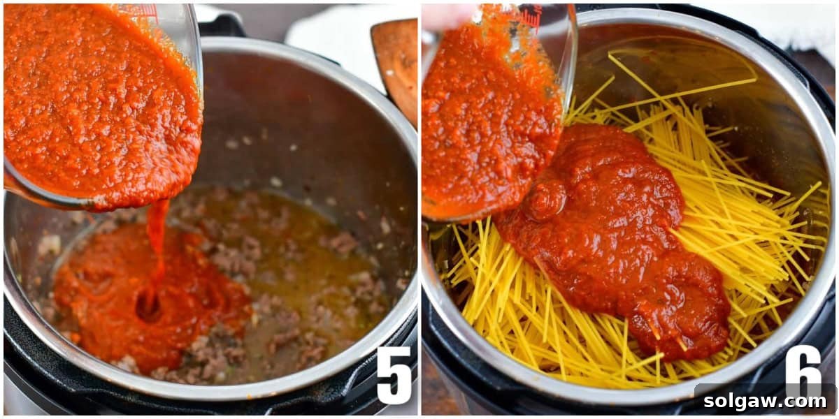 A two-panel collage depicting the addition of spaghetti sauce to the Instant Pot, followed by dry spaghetti noodles and more sauce, all before pressure cooking.