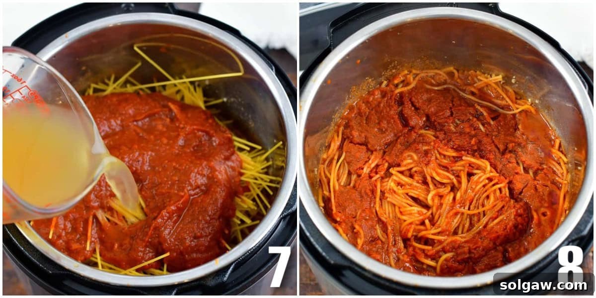 A two-panel collage showing chicken stock being added to the Instant Pot with pasta and sauce, followed by the perfectly cooked and saucy spaghetti inside the pot.