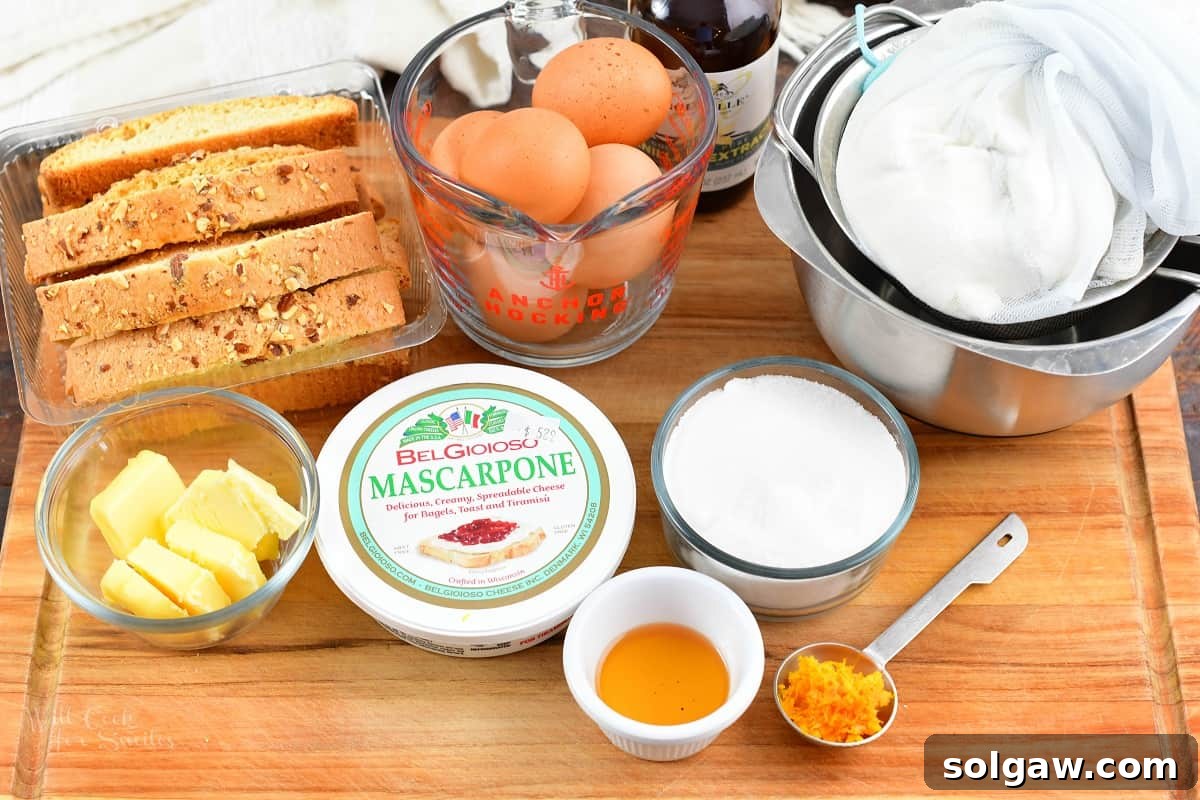 Arrangement of key ingredients for Ricotta Cheesecake, including ricotta cheese, mascarpone, eggs, and a biscotti package, on a rustic wooden board.