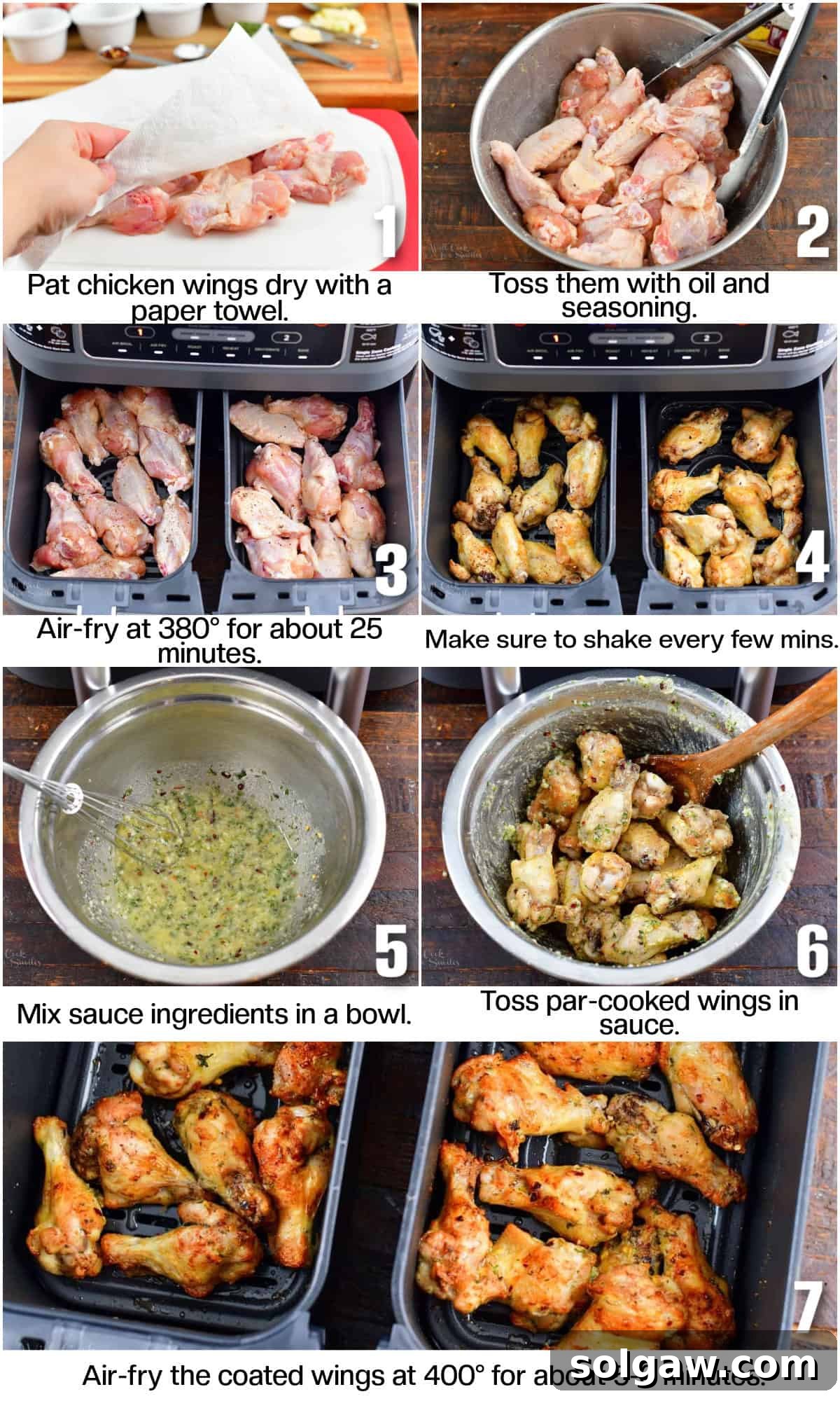 Crispy Air Fryer Garlic Parmesan Wings 4 Infographic illustrating the 7 steps of cooking chicken wings in the air fryer, from seasoning to final saucing.