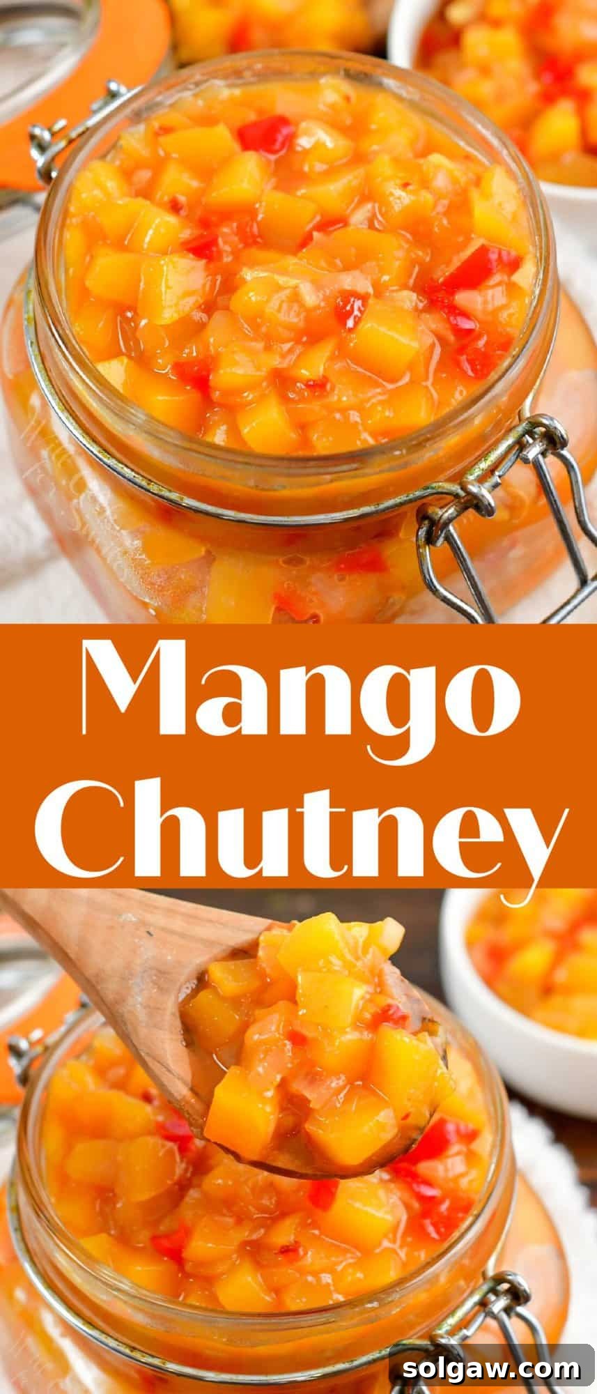 collage of two closeup images of mango chutney