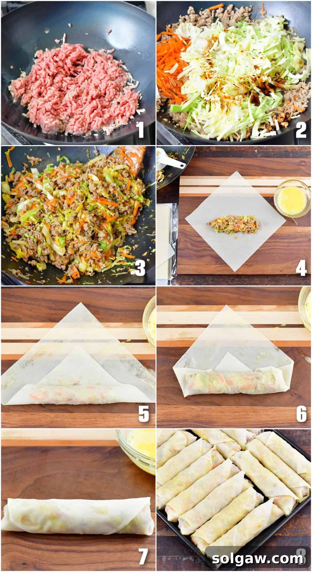 A collage displaying eight sequential images of the cooking process for Thai spring rolls, from preparing the savory filling to expertly rolling them into their classic shape.