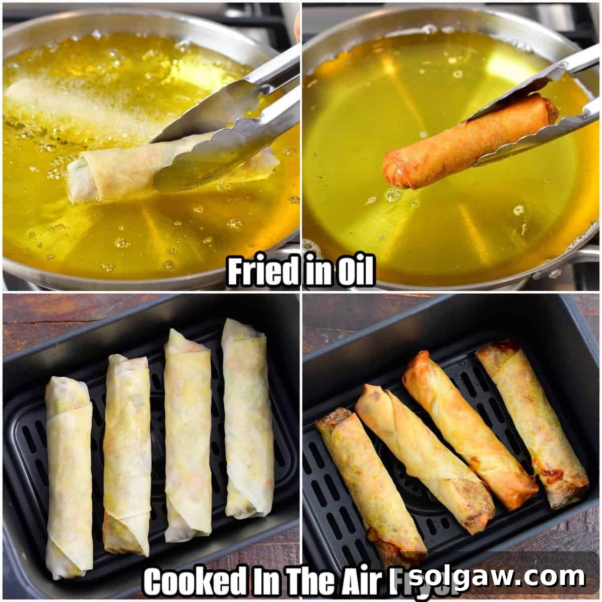 A collage showcasing four images of different cooking options for Thai spring rolls: deep-frying for classic crispiness and air-frying for a healthier alternative.