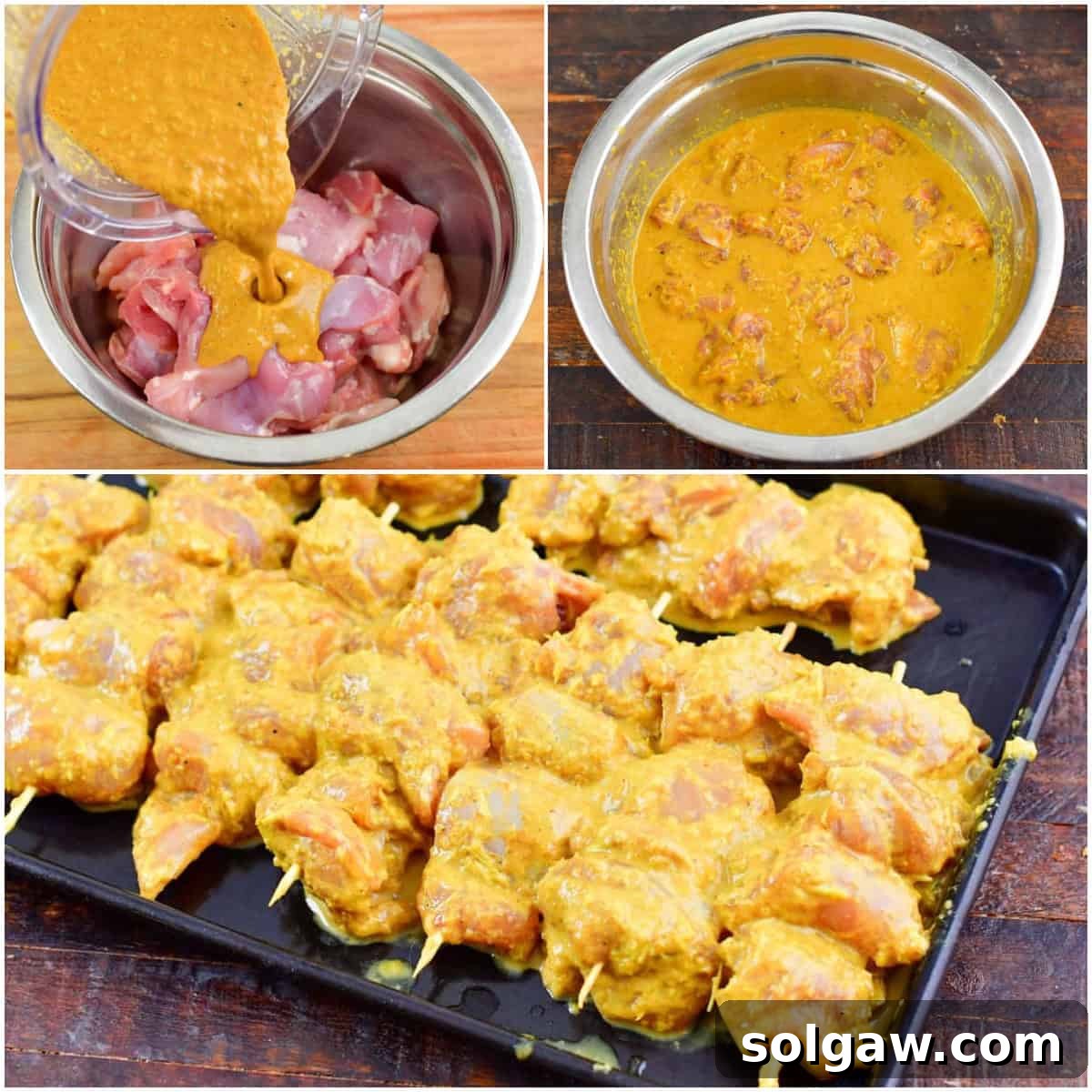 Sizzling Thai Chicken Satay with Velvety Peanut Sauce 4 A collage of three images showing the process of making Thai Chicken Satay: adding marinade to chicken pieces, chicken marinating in a bowl, and chicken pieces skewered on wooden sticks.