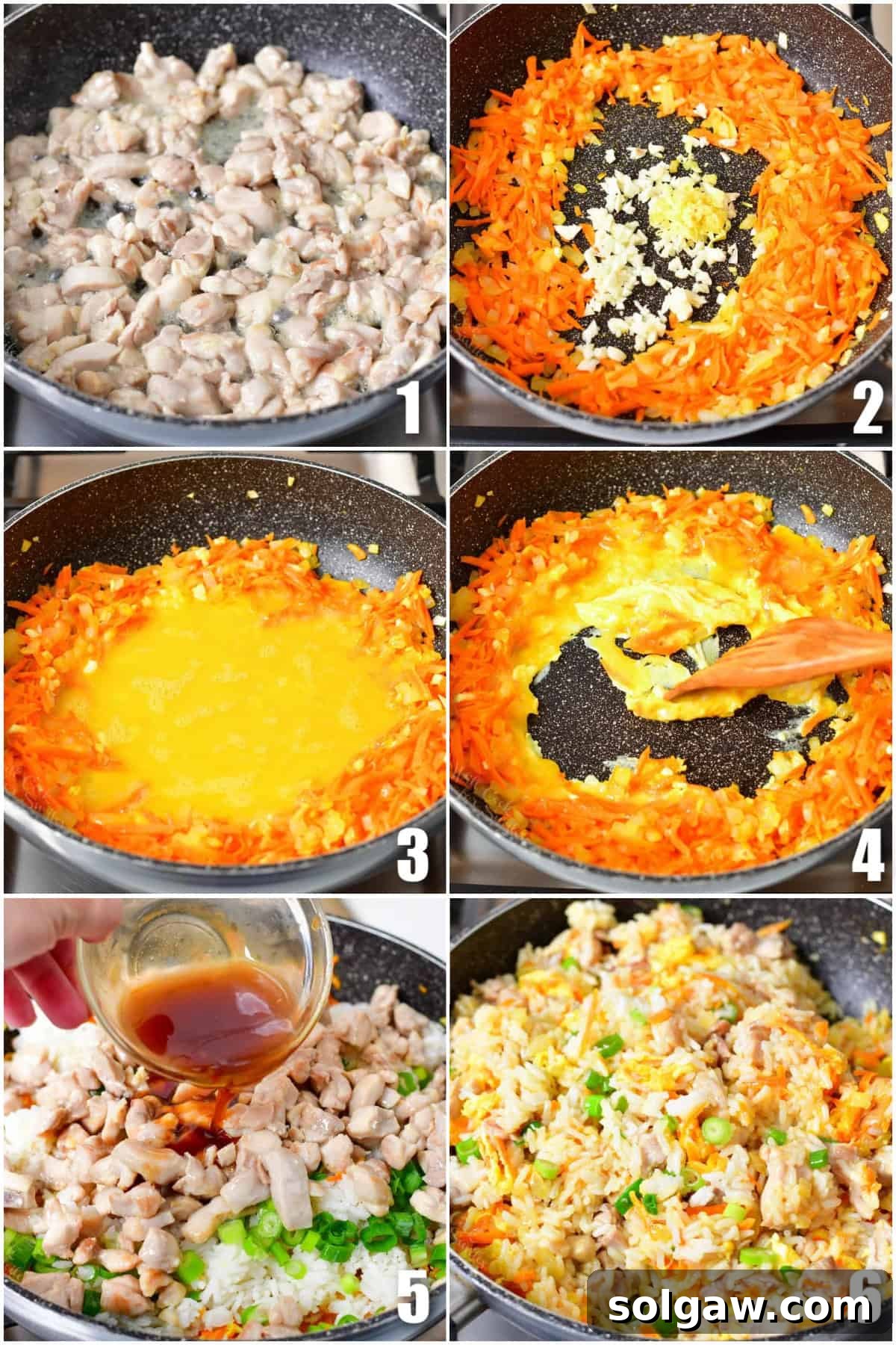 Collage of six images showing the step-by-step cooking process to prepare chicken, sauté vegetables, and combine with rice for Thai fried rice.