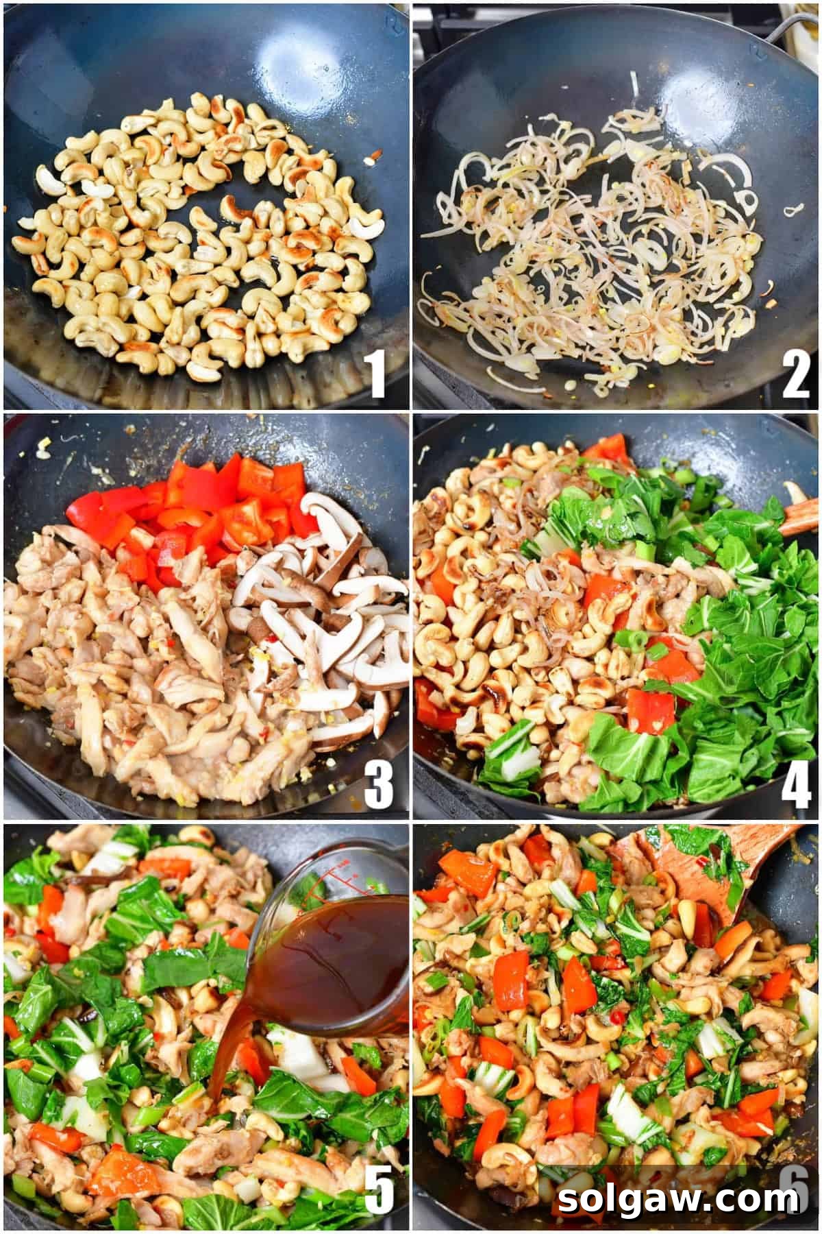 A vibrant wok filled with Thai Cashew Chicken, showcasing the rich sauce and fresh ingredients