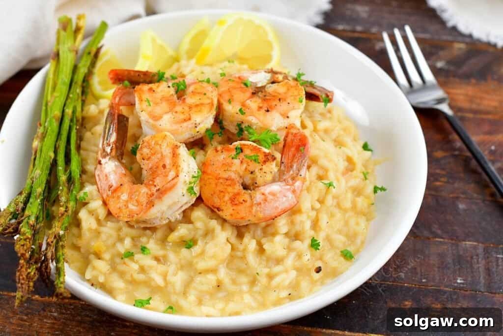 A close-up side view of a serving of creamy lemon risotto topped with perfectly cooked shrimp and fresh asparagus spears.