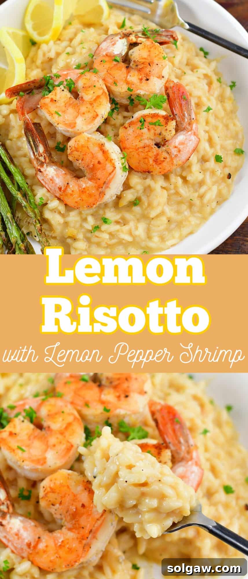 A collage featuring two images: a close-up of perfectly seared lemon pepper shrimp, and another of creamy lemon risotto being scooped.