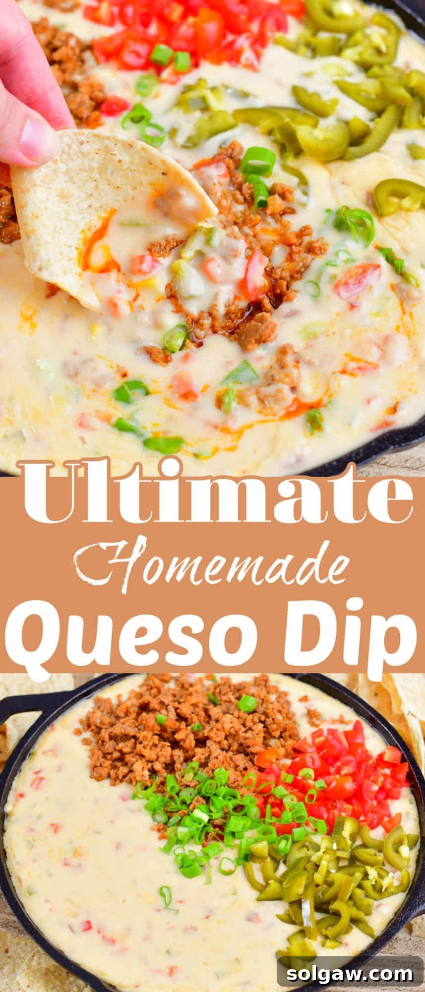 A collage of two images: one showing the ultimate queso dip being scooped with a chip, and the other showing the dip baking in a skillet.