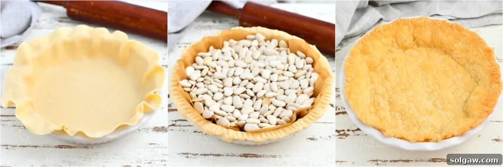 photo collage shows steps to parbake a pie crust, including lining with foil and filling with pie weights
