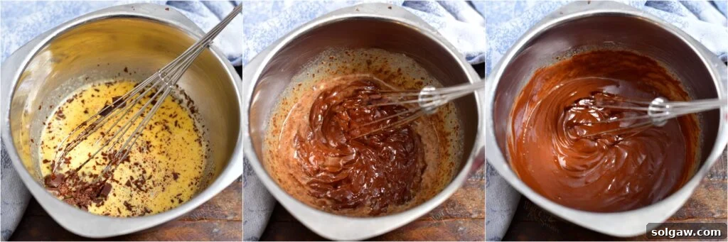 photo collage shows steps to make custard filling for a chocolate pie, including cooking eggs and sugar, melting chocolate, and cooling the mixture