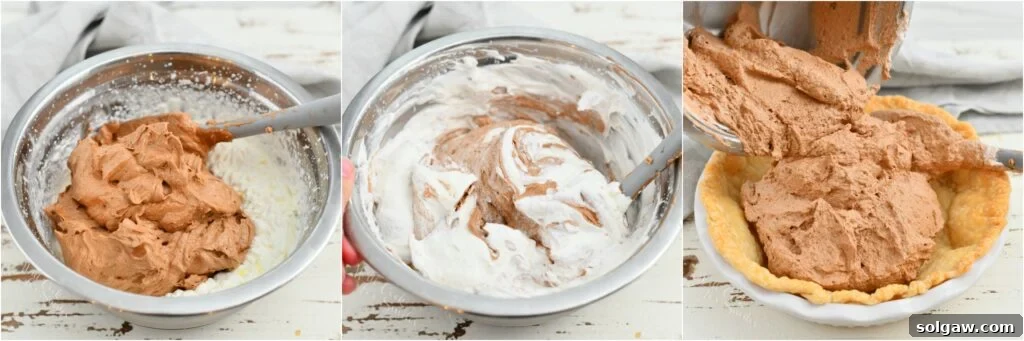 3 photo collage: folding homemade whipped cream into chocolate filling for French Silk Pie