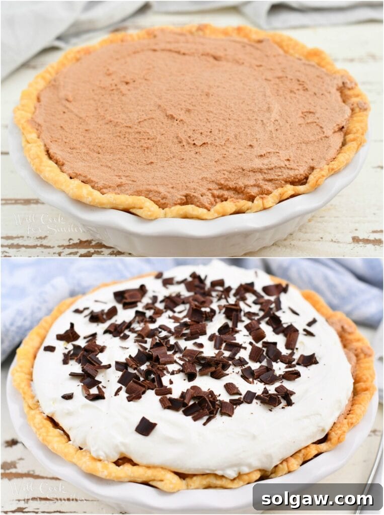 photo collage of chocolate custard in a pastry crust, before and after adding whipped cream topping