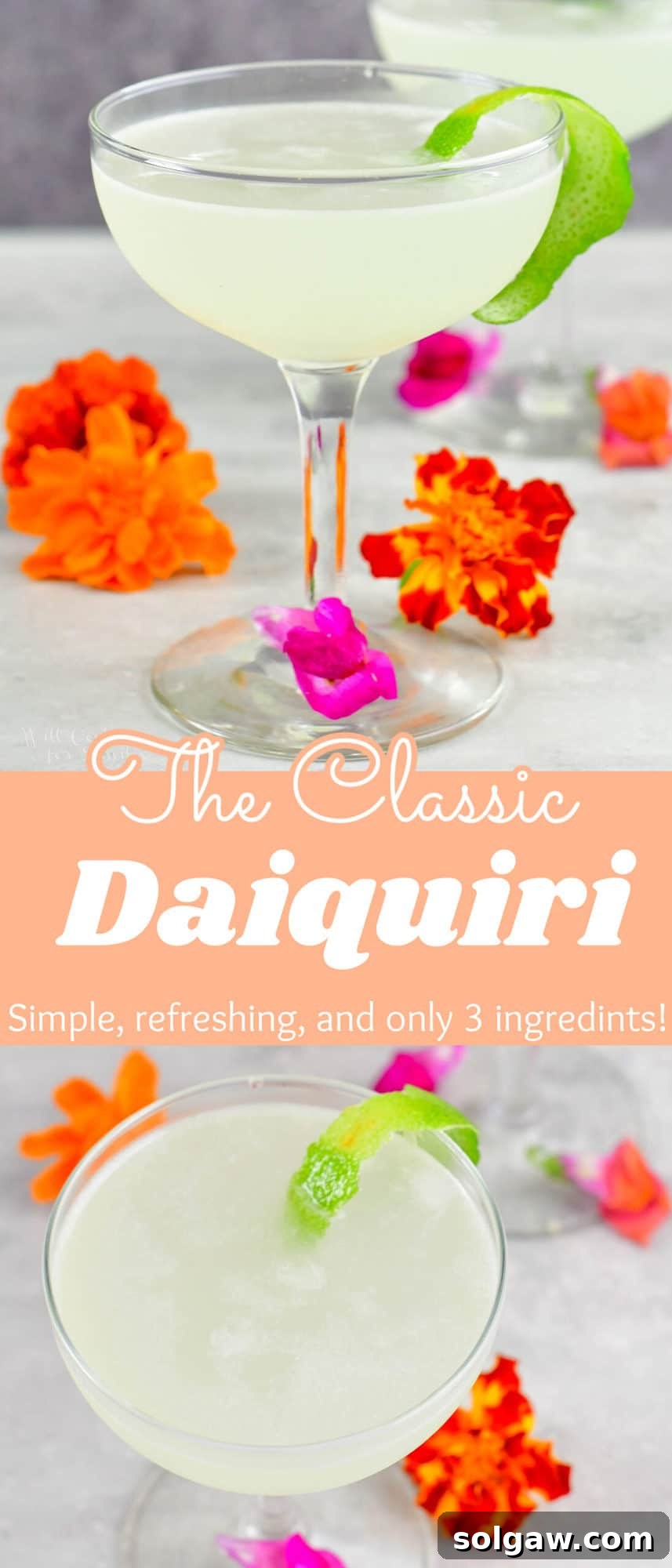 collage of two closeup images of the light yellow cocktails in a glass