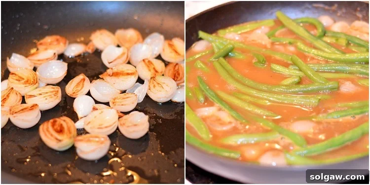 A collage showing the cooking process: pearl onions caramelizing in a pan, followed by green beans joining the onions and sauce.