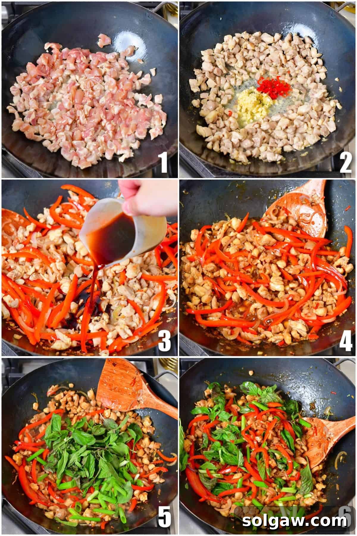 Collage of six sequential images showing the steps of cooking Thai basil chicken: dicing chicken, stir-frying chicken, adding garlic and chilies, adding bell peppers, pouring sauce, and finally mixing in basil.