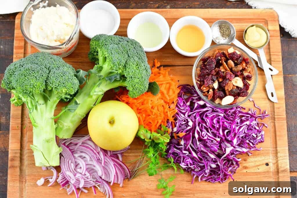 ingredients for broccoli slaw on the cutting board