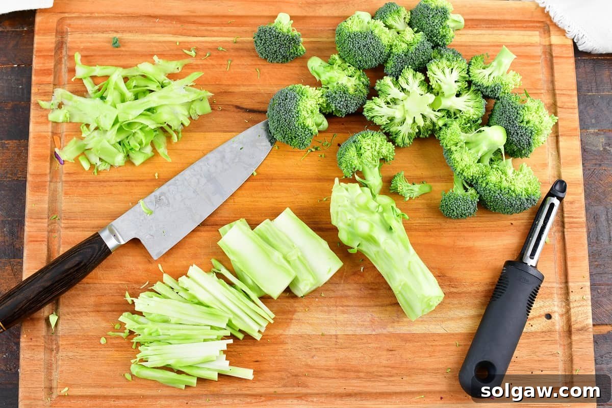 chopped and sliced broccoli stems and florets