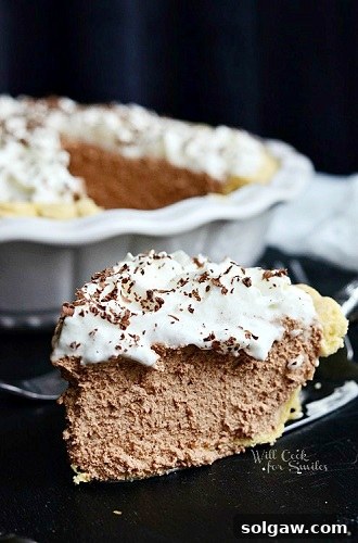 Decadent Pecan Caramel Pumpkin Pie 8 A luxurious slice of French Silk Pie on a dark countertop, ready to be enjoyed.