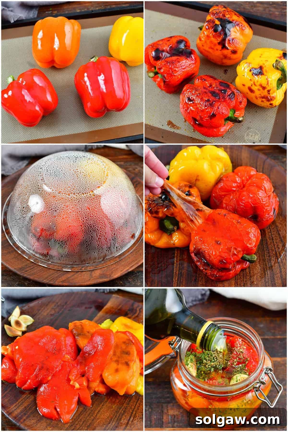 collage of six images showing steps to roast, steam, and peel bell peppers