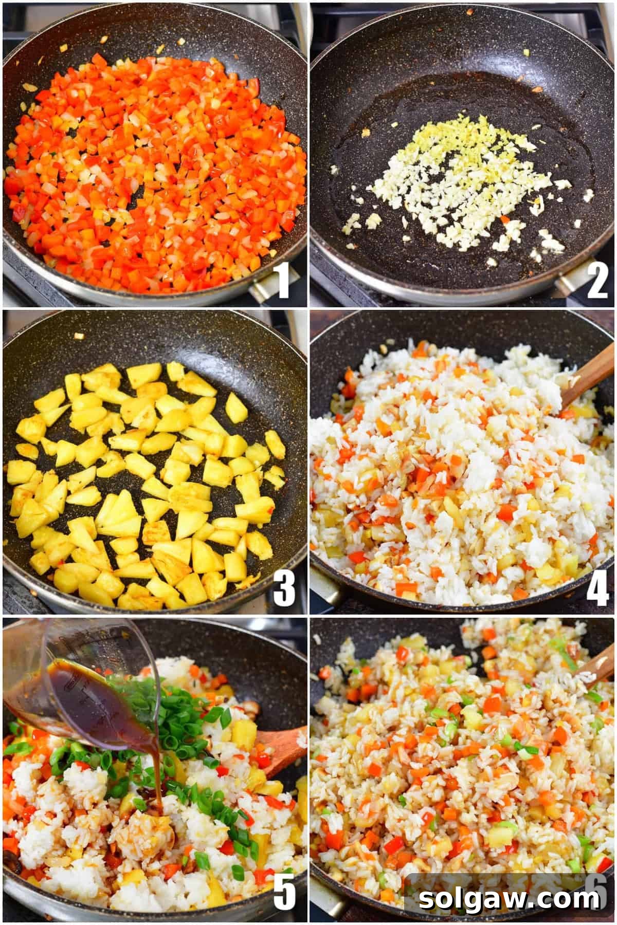 collage of six images of cooking veggies, pineapple, rice and adding sauce to pineapple fried rice.