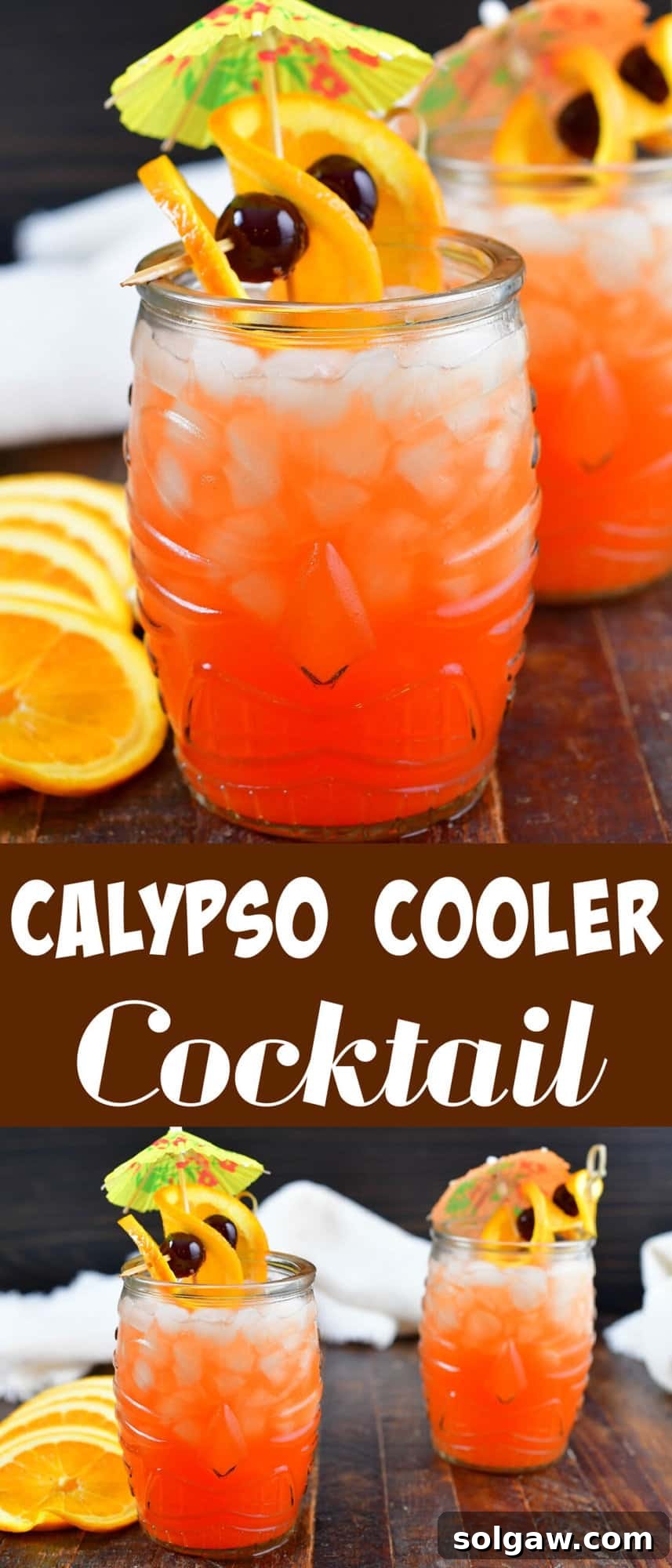 A collage of two images showing the Calypso Cooler rum cocktail: one of the ingredients ready for mixing, and the other of the finished cocktail garnished in a tiki glass.