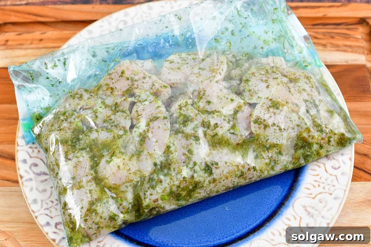 Chicken Souvlaki: Grill or Pan-Fry Your Way to Perfection 4 chicken pieces marinating in a Greek marinade in the bag