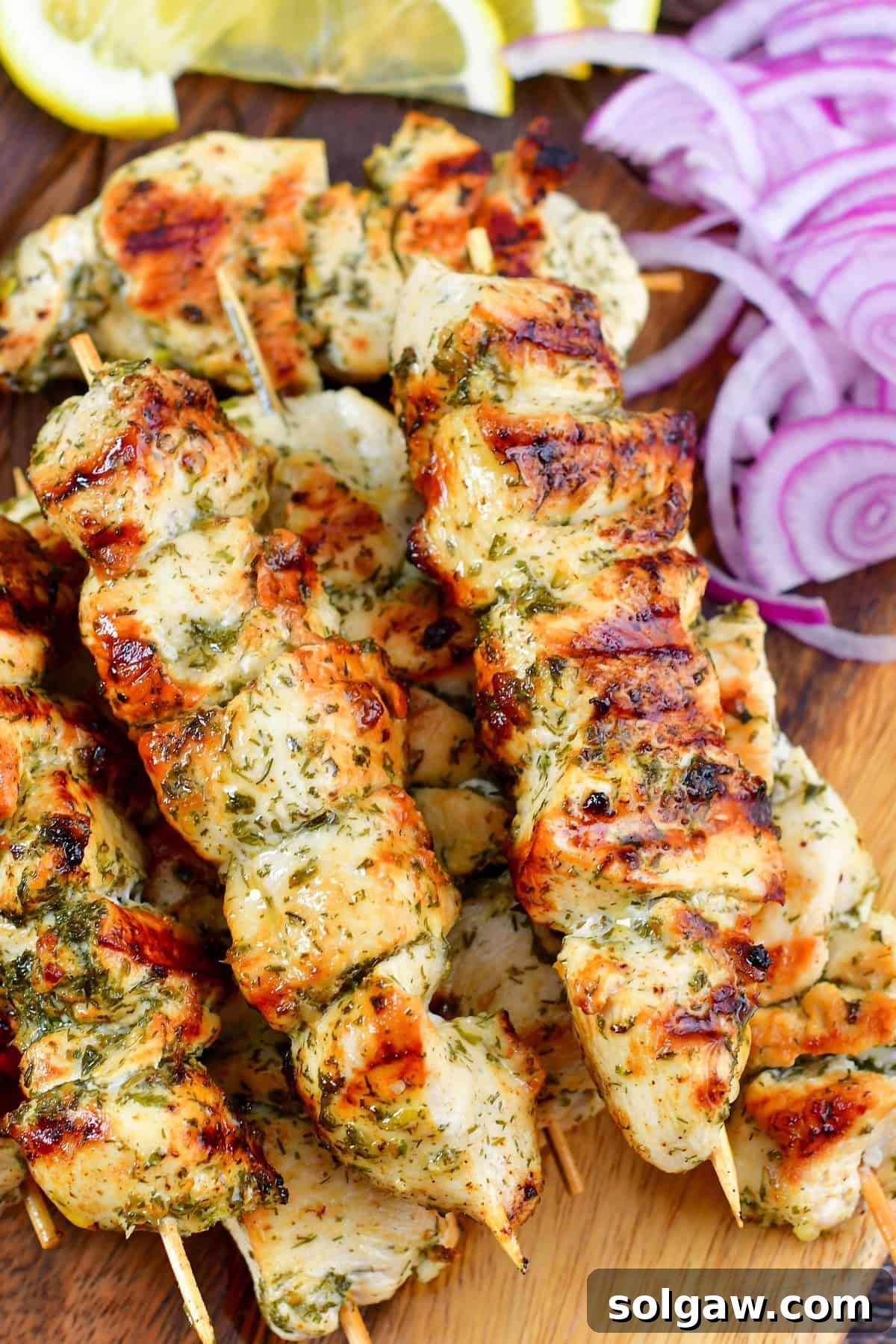 Chicken Souvlaki: Grill or Pan-Fry Your Way to Perfection 6 closeup of grilled chicken souvlaki on skewers