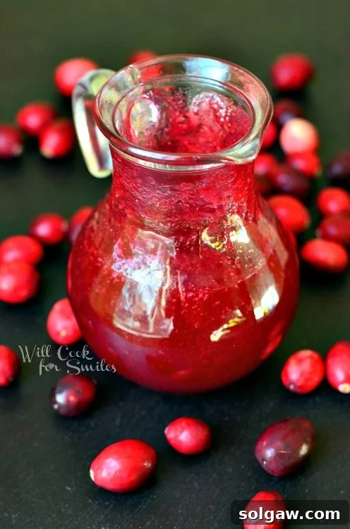 Cranberry Syrup in a glass with a spot with cranberries on a plate